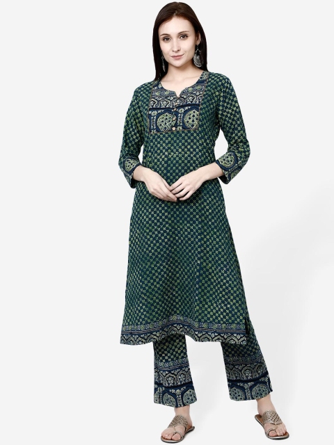 Molcha Women Blue & Green Striped Anarkali Kurta