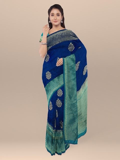 KLM Fashion Mall Navy Blue & Gold-Toned Silk Blend Woven Design Saree