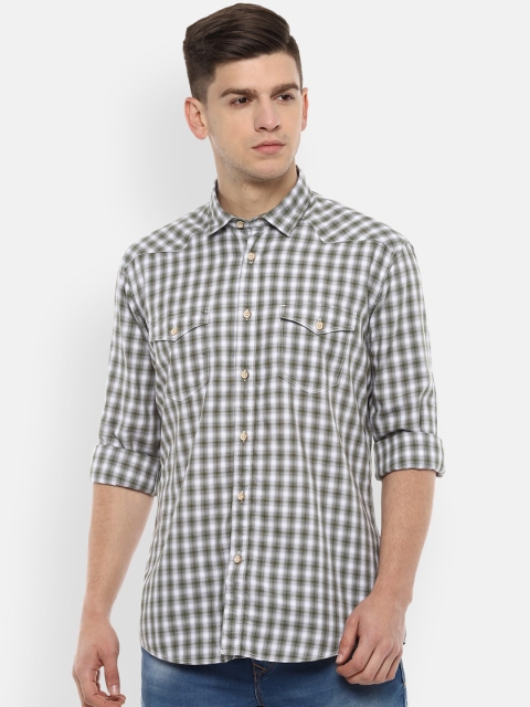 Louis Philippe Jeans Men White & Olive Green Slim Fit Checked Casual Shirt