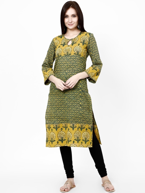 Molcha Women Yellow & Green Printed Straight Kurta