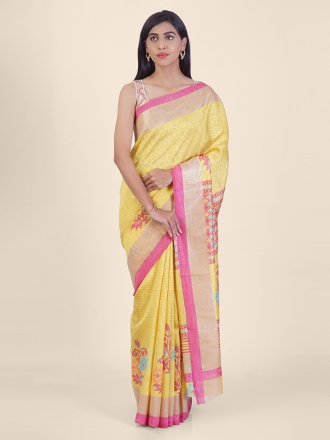 Hastakala Yellow & Pink Silk Blend Floral Printed Handoom Saree