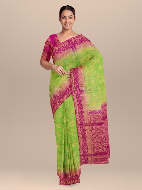KLM Fashion Mall Green & Pink Silk Blend Woven Design Saree