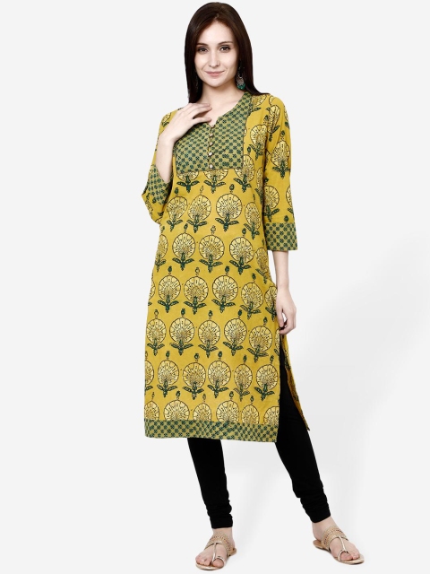 Molcha Women Mustard Yellow & Green Printed Straight Kurta