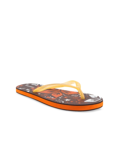 SALARIO Women Brown & Orange Printed Thong Flip-Flops