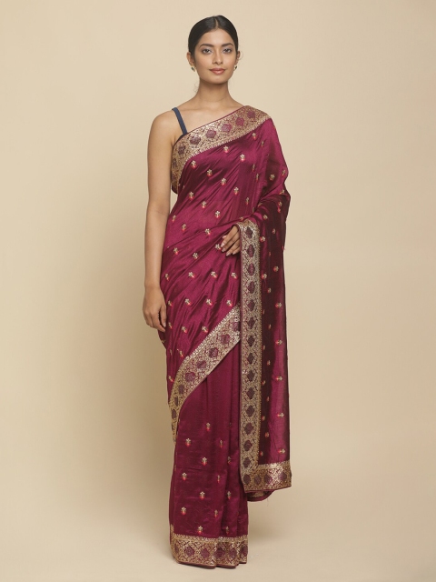 Koskii Maroon & White Art Silk Embroidered Saree