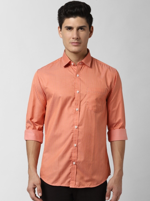 Peter England Men Orange Slim Fit Striped Casual Shirt