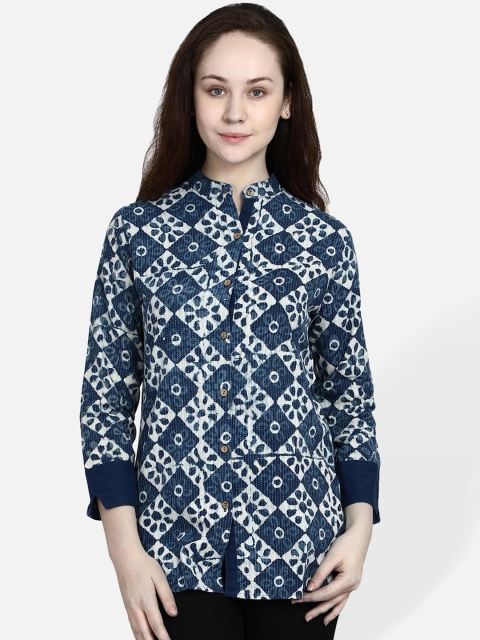 Molcha Women Blue & Off-White Regular Fit Printed Formal Shirt