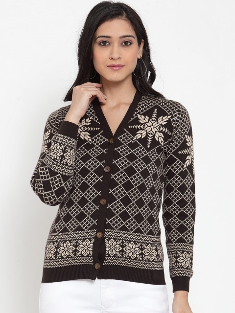 Kalt Women Brown & Off-White Printed Front-Open Sweater