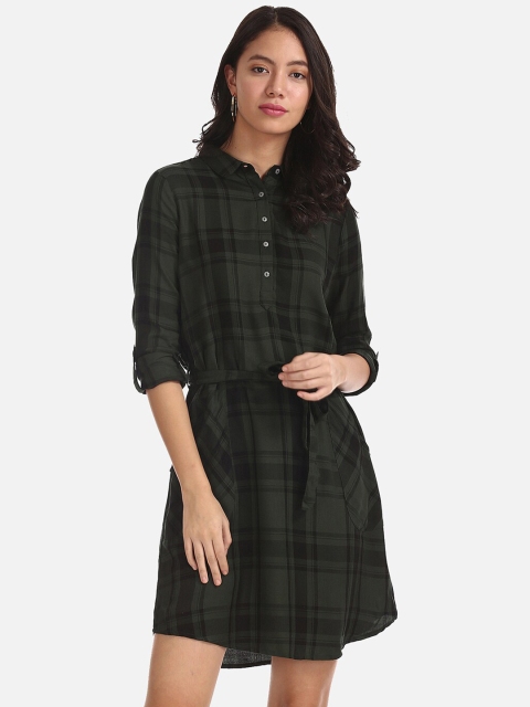 Cherokee Women Olive Green & Black Checked Shirt Dress