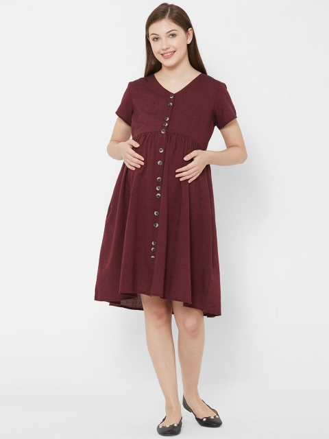 Mystere Paris Women Maroon Solid Fit and Flare Dress