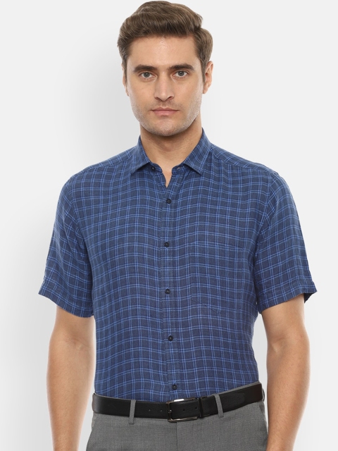 Van Heusen Men Blue Slim Fit Checked Pure Linen Formal Shirt