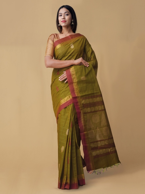 Unnati Silks Olive Green Pure Cotton Striped Uppada Handloom Saree