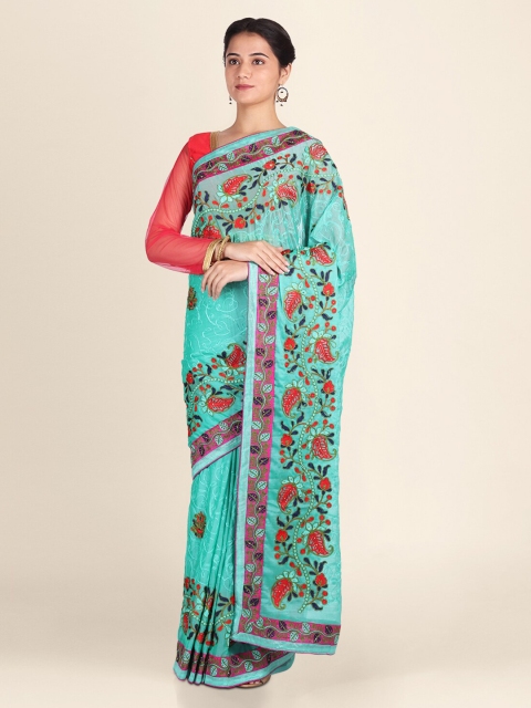 CLAI WORLD Blue & Orange Poly Georgette Floral Embroidered Handloom Saree