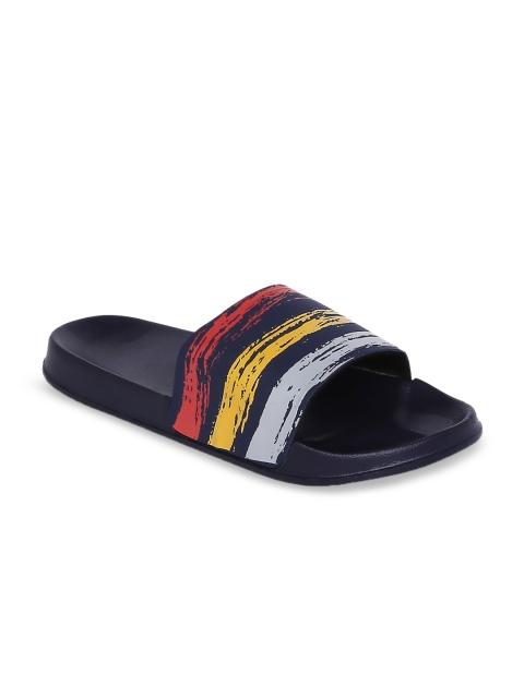 Bewakoof Men Blue & Grey Striped Sliders