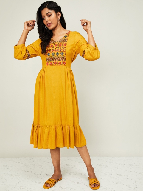 Colour Me by Melange Women Mustard Yellow & Green Embroidered A-Line Dress