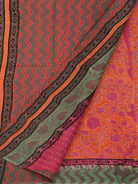 Pothys Peach-Coloured & Green Pure Cotton Printed Saree