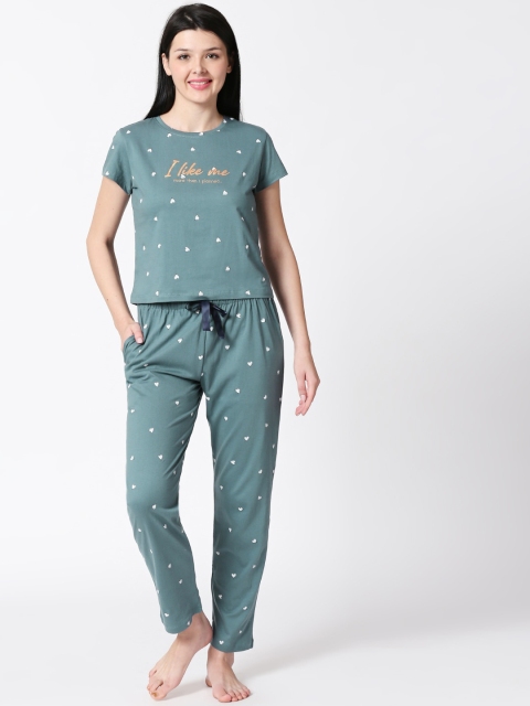 I like me Women Green & White Printed Night suit