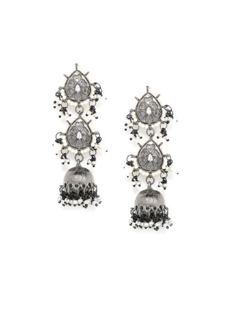 Kairi Silver-Toned & White Teardrop Shaped Jhumkas