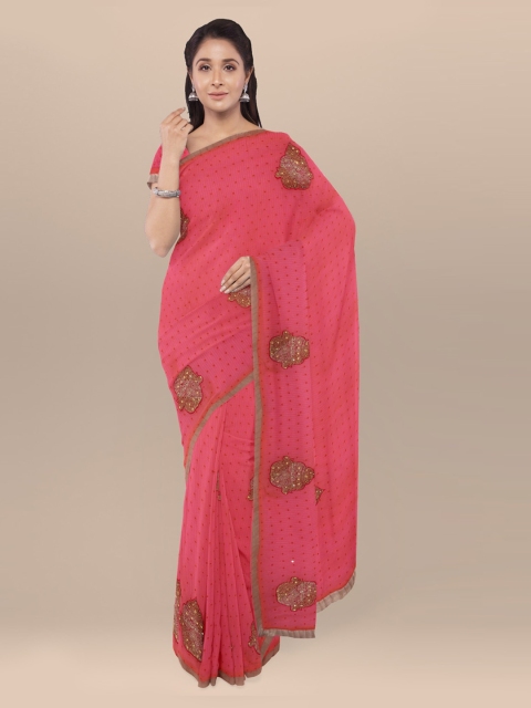 KLM Fashion Mall Pink Embellished Poly Georgette Saree