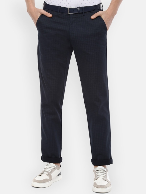 Van Heusen Men Navy Blue Slim Fit Checked Formal Trousers