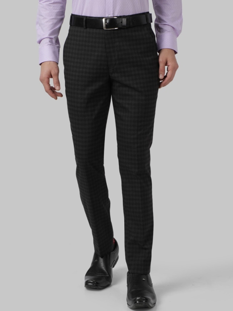 Park Avenue Men Black & Grey Regular Fit Checked Formal Trousers