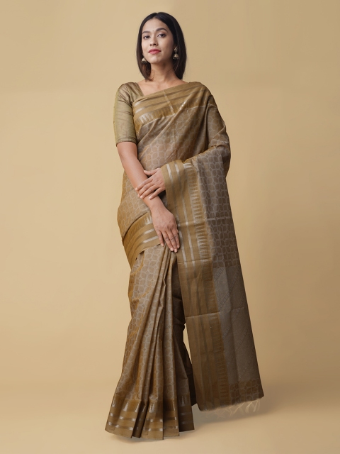 Unnati Silks Brown & Silver-Toned Pure Cotton Printed Mysore Silk Saree