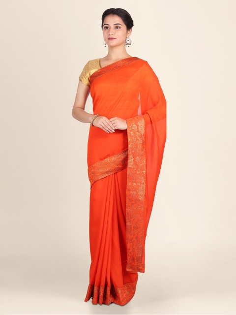 CLAI WORLD Orange Solid Poly Georgette Handloom Saree