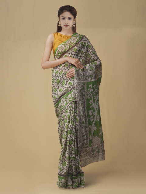 Unnati Silks Cream-Coloured & Green Pure Cotton Printed Kota Saree