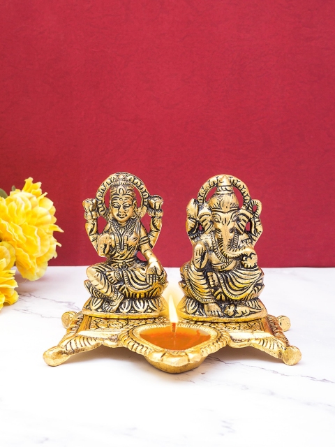 Golden Peacock Unisex Gold-Toned Lord Lakshmi & Ganesha Decorative Diya Showpiece