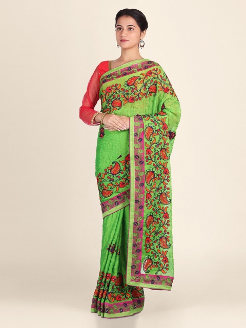 CLAI WORLD Green Embroidered Poly Georgette Saree