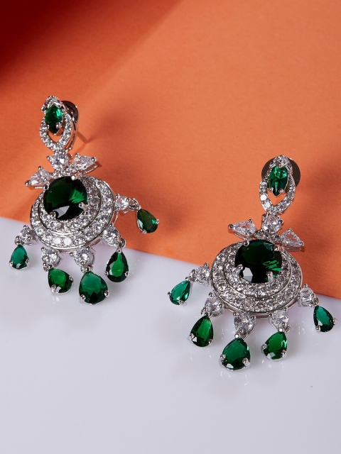 Luxury By ZeroKaata Silver-Toned & Green Circular Drop Earrings