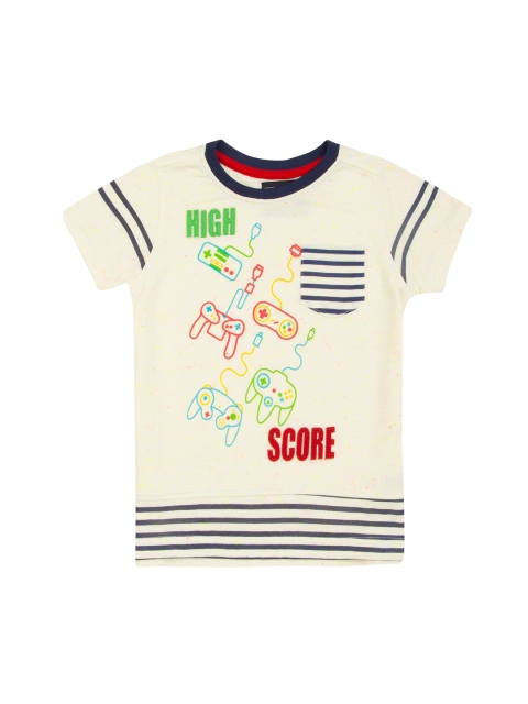 Cherokee Boys Cream-Coloured Printed Round Neck T-shirt