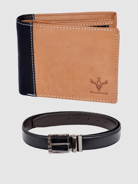 Krosshorn Set of 2 Leather Belt & Wallet Gift Combo for Men, Tan