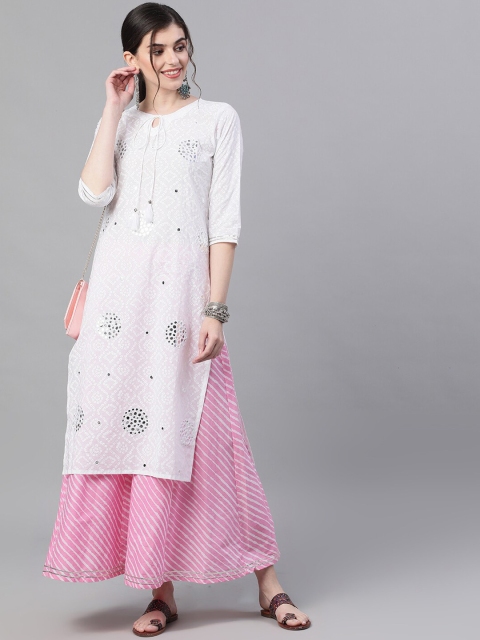 Ishin Women White & Pink Embroidered Kurta with Skirt