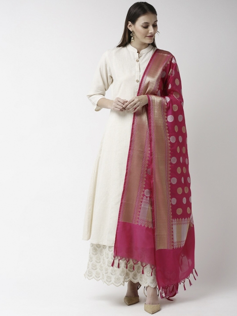 Soch Women Pink & Silver Woven Design Dupatta