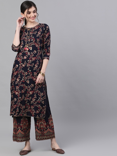 Ishin Women Navy Blue Printed Kurta with Palazzos