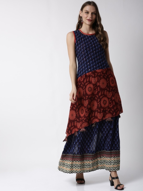 Soch Women Blue & Maroon Printed Maxi Dress