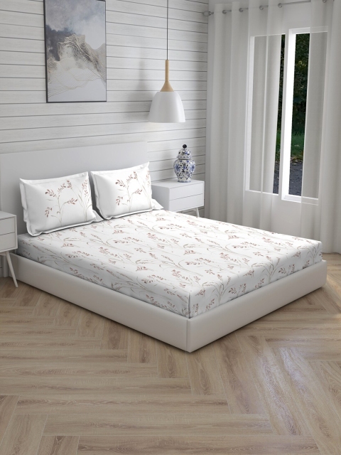 Boutique Living India White & Beige Floral 200 TC 1 Double Bedsheet with 2 Pillow Covers