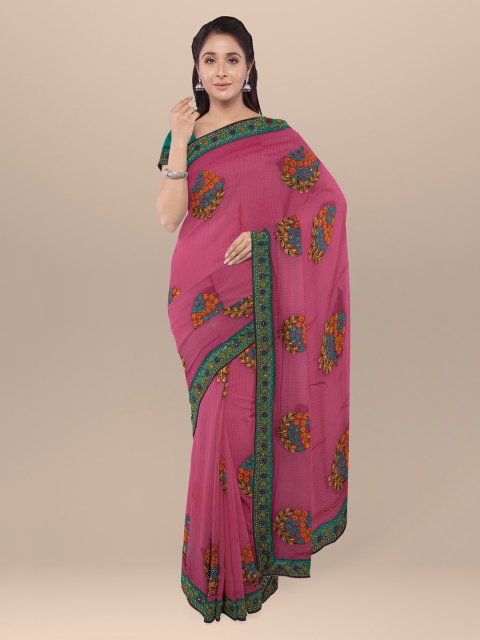 KLM Fashion Mall Pink Embroidered Poly Chiffon Saree