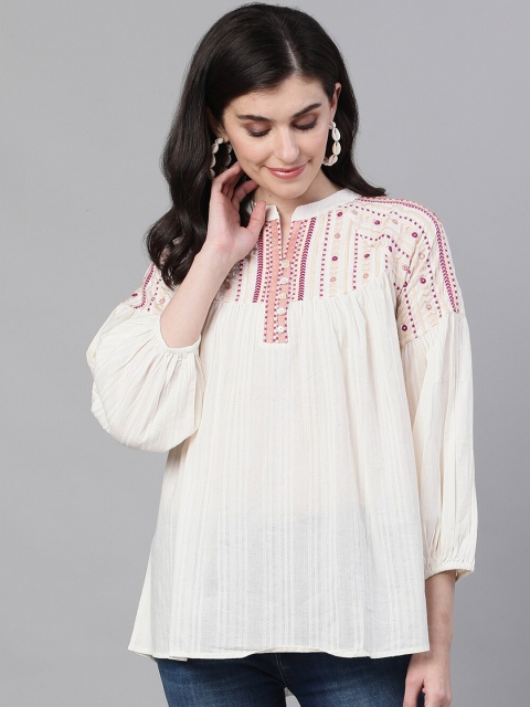 Ishin Women White Embroidered A-Line Pure Cotton Top