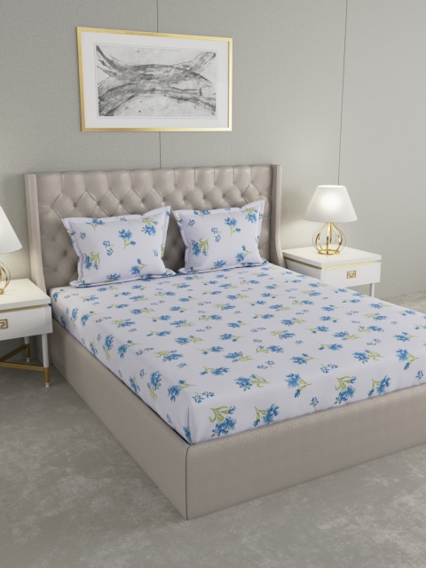 Raymond Home White & Blue Floral 104 TC Double Queen Bedsheet With 2 Pillow Covers
