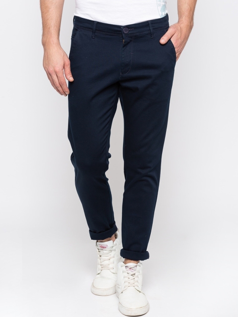 SPYKAR Men Navy Blue Slim Fit Solid Regular Trousers