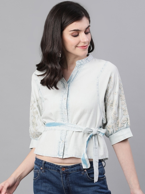 Ishin Women Denim Blue Printed Cinched Waist Top