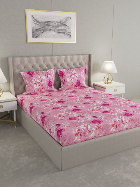 Raymond Home Magenta Floral-Print Bedsheet With 2 Pillow Covers