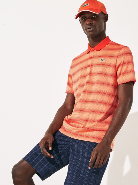 Lacoste Men Orange Striped Polo Collar T-shirt