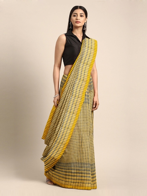 Mitera Yellow & Black Pure Cotton Checked Taant Saree