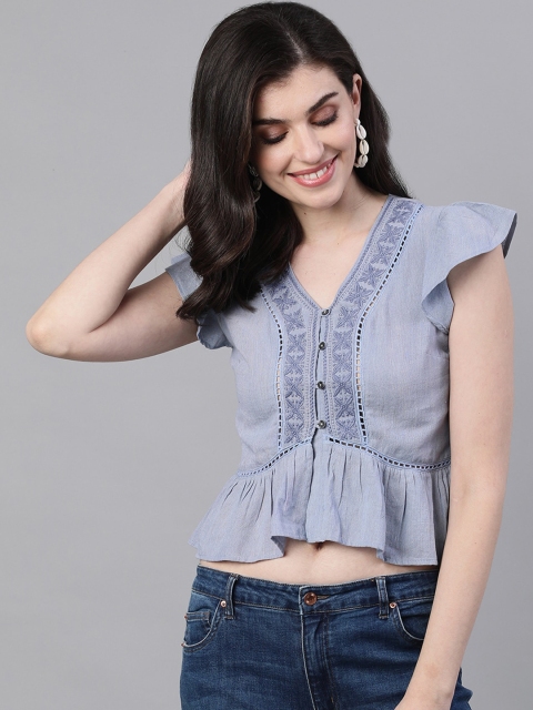 Ishin Women Blue Embroidered Cinched Waist Crop Top