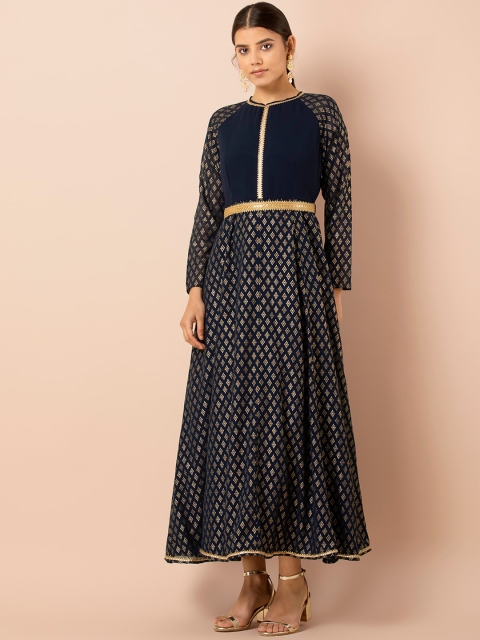 INDYA Navy Foil Kalidar Tunic with Attached Belt, Blue