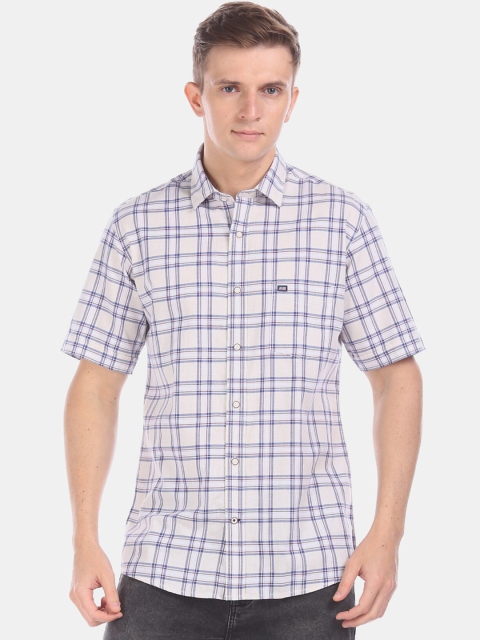 Arrow Sport Men Cream-Coloured & White Regular Fit Checked Casual Shirt