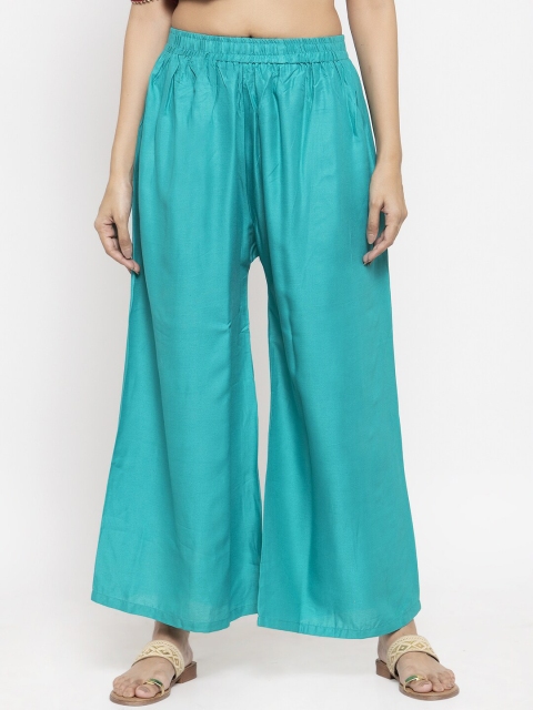NEUDIS Women Turquoise Blue Solid Wide Leg Palazzos